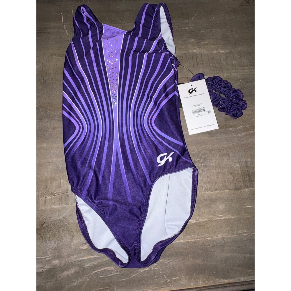 GK Elite Girls Purple Rhinestone Geometric Gymnastics Leotard with Scrunchie CM